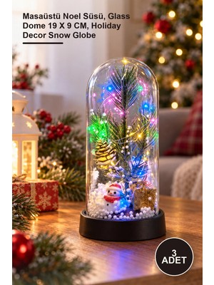 Yenilig 3 Adet Yılbaşı Temalı Işıklı Dekoratif Cam Fanus – Masaüstü Noel Süsü, Glass Dome 19 x 9 Cm, Holiday Decor Snow Globe