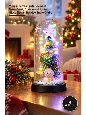 Yenilig 4 Adet Cam Fanus – Yılbaşı Temalı Işıklı Dekoratif Masa Süsü, Christmas Lighted Glass Dome, Holiday Snow Globe