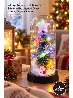 Yenilig 1 Adet Dekoratif Cam Fanus – Yılbaşı Temalı Işıklı Masaüstü Süslemelik, Lighted Glass Dome, Glass Cloche
