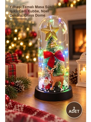 Yenilig 2 Adet Işıklı Dekoratif Cam Fanus – Yılbaşı Temalı Masa Süsü, Işıklı Cam Kubbe, Noel Dekoru, Glass Dome