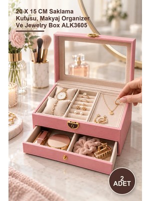 Yenilig 2 Adet Makyaj ve Takı Kutusu – 20 x 15 cm Saklama Kutusu, Makyaj Organizer ve Jewelry Box ALK3605