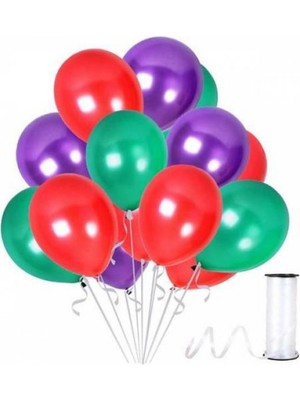 BenimMarifetlerim Metalik Mor Yeşil Kırmızı Balon 12 Inch 30 Adet