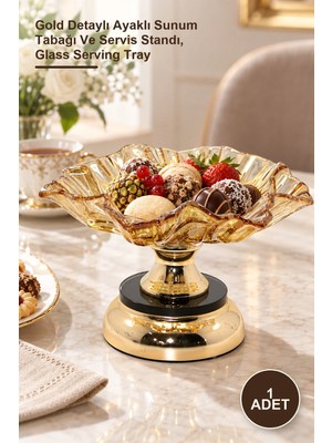 Yenilig 1 Adet Dekoratif Cam Sunumluk – Gold Detaylı Ayaklı Sunum Tabağı ve Servis Standı, Glass Serving Tray