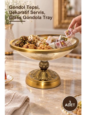 Yenilig 3 Adet Antik Eskitme Gold Ayaklı Dekoratif Cam Gondol Sunumluk – Gondol Tepsi, Dekoratif Servis, Glass Gondola Tray