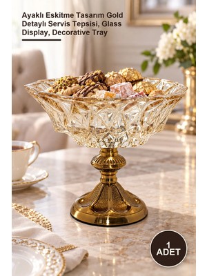 Yenilig 1 Adet Dekoratif Cam Sunumluk – Ayaklı Eskitme Tasarım Gold Detaylı Servis Tepsisi, Glass Display, Decorative Tray