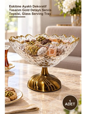 Yenilig 1 Adet Cam Sunumluk – Eskitme Ayaklı Dekoratif Tasarım Gold Detaylı Servis Tepsisi, Glass Serving Tray