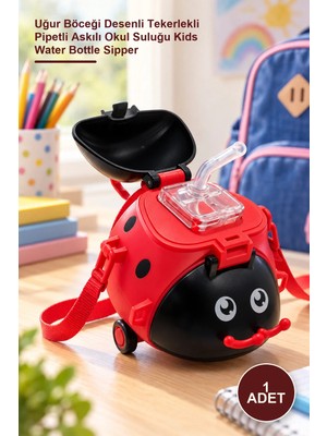 Yenilig 1 Adet Çocuk Su Matarası – Uğur Böceği Desenli Tekerlekli Pipetli Askılı Okul Suluğu Kids Water Bottle Sipper