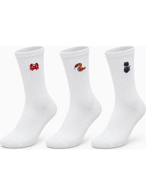 Unisex Çorap Beyaz Hayvan Nakışlı 3'lü Set Yengeç Yılan Kedi Desenli Uzun Soket Günlük Spor Çorabı