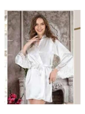Zamerya Kadın Beyaz Saten Gelin Sabahlığı Bride Yazılı Dantel Kollu Kuşaklı 5797