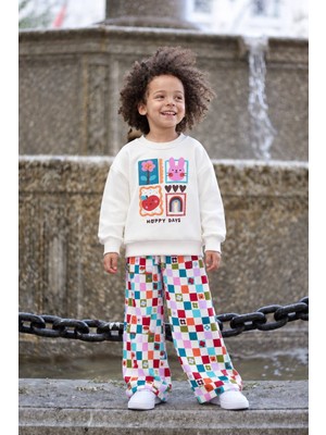 Cg Kids Hoppy Days Renkli Çiçek ve Tavşan Kabartma Baskılı Sweatshirt Desenli Renkli Eşofman Altı 3ip Kız Çocuk Alt Üst Takım