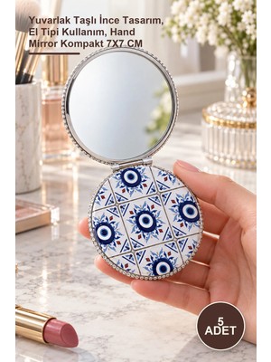 Yenilig 5 Adet El Aynası – Yuvarlak Taşlı Ince Tasarım, El Tipi Kullanım, Hand Mirror Kompakt 7x7 cm