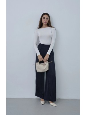 Roea Beli Lastikli Dökümlü Geniş Paça Pantolon Lacivert