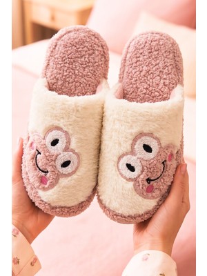 Nmoda Kadın Kurbağa Figürlü Peluş Ev Terliği Kapalı Burun Arkası Açık Yumuşak Sıcak Kışlık Konforlu Panduf