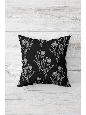 Defne Store Antrasit Zemin Karanfil Desenli Vintage Çift Taraflı Baskılı Gizli Fermuarlı Siyah Kırlent Kılıfı 45 x 45