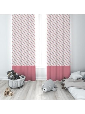 Defne Store Pelangi Pembe Çizgi Geçişli Desenli Dijital Baskı Yıkanabilir Bebek Çocuk Odası Fon Perdesi, Beyaz-Pembe 70 x 270