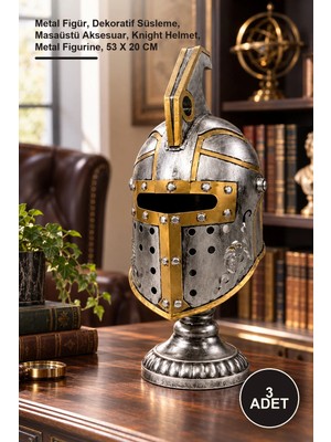 Yenilig 3 Adet Şövalye Miğferi Biblo – Metal Figür, Dekoratif Süsleme, Masaüstü Aksesuar, Knight Helmet, Metal Figurine, 53 x 20 cm