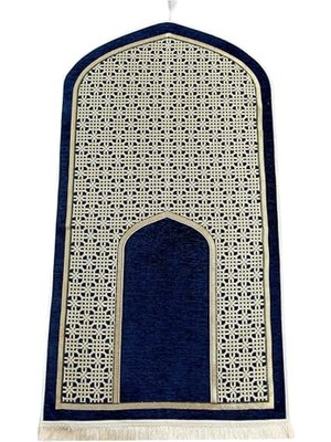 Defne Store Oval Mihrap Desenli Püsküllü Lüks Şönil Seccade Lacivert