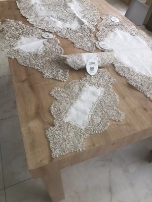 Umut Home Salon Takımı Keten Angelika Çeyizlik Kreme Gold Runner Set 5 Parça Keten Ranır Masa S