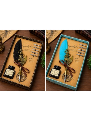 Keyfim Shop Vintage Tükenmez Tüy Kalem ve Mürekkep Seti – Dekoratif Hediye Kutulu, 5’li Uçlu