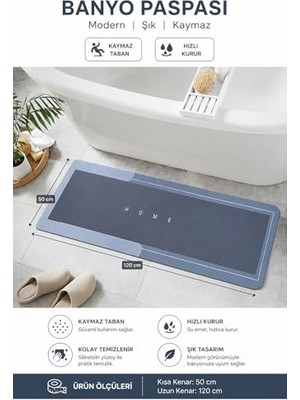 Defne Store Kaymaz Tabanlı Süper Emici Banyo Paspası Abdest Paspası Uzun Mavi 50 * 120 (Mavi)