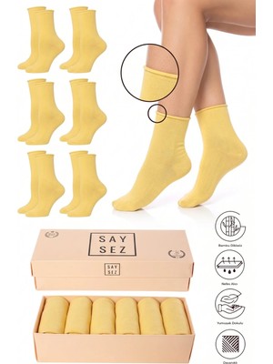 Saysez Bambu Kadın Lastiksiz Sarı Soket Dikişsiz Premium Çorap Kutulu 6'lı / Iz Bırakmaz / Sıkmayan Çorap