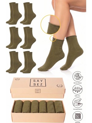 Saysez Bambu Kadın Lastiksiz Haki Soket Dikişsiz Premium Çorap Kutulu 6'lı / Iz Bırakmaz / Sıkmayan Çorap