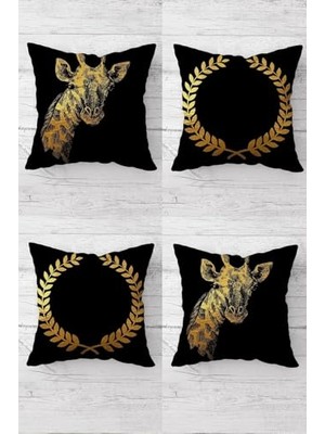 Defne Store Yastık; Pelangi Zürafa ve Zetindalı Desenli Gizli Fermuarlı Kırlent Kılıfı Koltuk Kılıfı TAKIM(4ADET), Siyah-Gold 45 x 45
