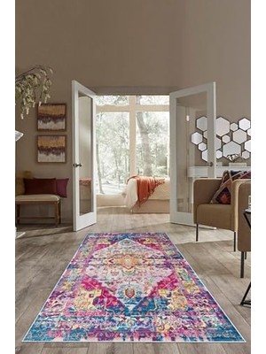 Defne Store Çok Renkli Osmanlı Motifli Eskitme Yıkanabilir Kaymaz Taban Leke Tutmaz Modern Salon Halısı ve Yolluk MRTMOD8,160 x 300