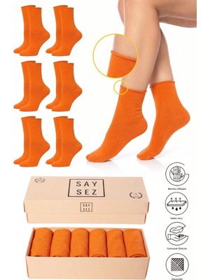 Saysez Bambu Kadın Lastiksiz Turuncu Soket Dikişsiz Premium Çorap Kutulu 6'lı / Iz Bırakmaz / Sıkmayan Çorap