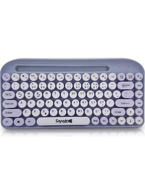 Defne Store Bluetooth Klavye Renkli Retro Kablosuz Klavye Daktilo Görünümlü Tuş Tasarımı ve Kullanışlı Telefon Koyma Gözü Pilli Türkçe Q Klavye Sw-05 (Mor)