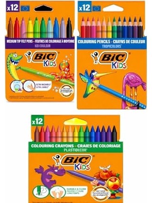 Defne Store Bic Kuru- Pastel- Keçeli Boya Kalemi Seti, 12'li, 3'lü