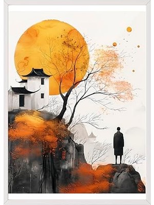 Defne Store Zestia Beyaz Çerçeveli Tablo; Dağ Manzarası, Japon Tapınağı, Su Mürekkebi Tarzı Poster No: 106527 30 x 40