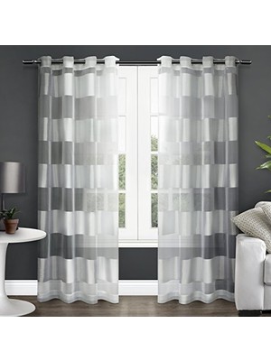 Defne Store Çizgili Şeffaf Gromet Üst Perde Panel Çifti, Kış Beyazı, 137 cm x 213 cm