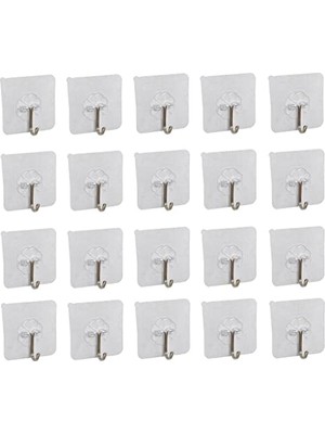 Defne Store 4ASK1580 Kendinden Yapışkanlı Şeffaf Askı, Metal Kancalı, 20 Adet