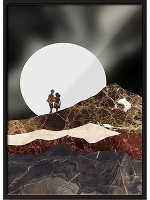 Defne Store Zestia Siyah Çerçeveli Tablo; Çift Silueti, Büyük Ay Arka Planı, Kolaj Stil Poster No: 106604 30 x 40