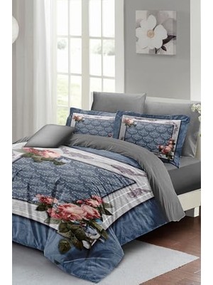 Defne Store Nevresim Takımı, %100 Pamuk Saten Çift Kişilik Lastikli Çarşaflı Blue Fantasy, MONOHOME67977