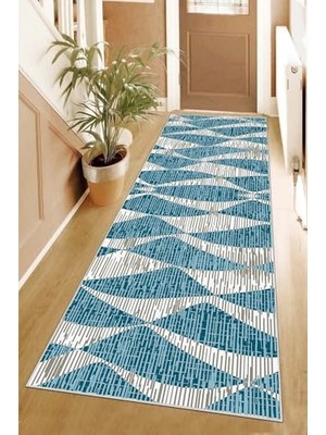 Defne Store Geometrik Desenli Dijital Baskı Yıkanabilir Kaymaz Taban Modern Salon Halısı ve Yolluk, Mavi 100 x 500,95548041005007