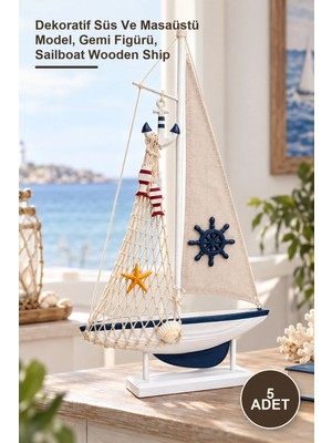 Yenilig 5 Adet Ahşap Yelkenli Gemi – Dekoratif Süs ve Masaüstü Model, Gemi Figürü, Sailboat Wooden Ship