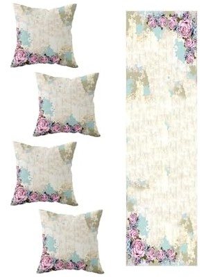 Defne Store Gül Desenli Salon ve Mutfak Masa Örtüsü Modelleri Dekoratif 4'lü Kırlent Kılıfı ve Runner Seti, Beyaz 40 x 140