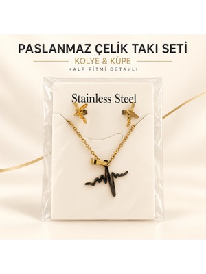 Saf Hobi Paslanmaz Çelik Kalp Ritmi Kolye ve Peri Figürlü Küpe Seti