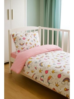 Defne Store 120X200 cm Çocuk Nevresim Takımı, Beyaz Unicorn Pembe