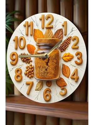 Defne Store Zamanın Baharatı; Kavanoz Temalı Sessiz Yuvarlak Ahşap Duvar Saati Kuvars Coffe Desen 2d SDW209, SDW209 33 x