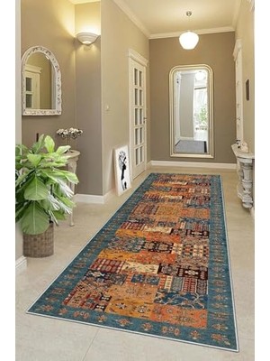 Defne Store Kırkyama Patchwork Kilim Desenli Etnik Dijital Baskı Yıkanabilir Modern Salon Halısı ve Yolluk, Kahverengi - Mavi 80 x 600,9554514806007