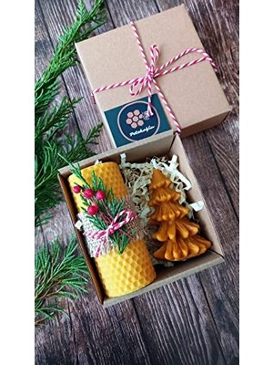 Defne Store Doğal Petek Balmumu Mum Hediyelik Mini Set, Sarma Balmumu, Çam Ağacı, Beeswax Candle