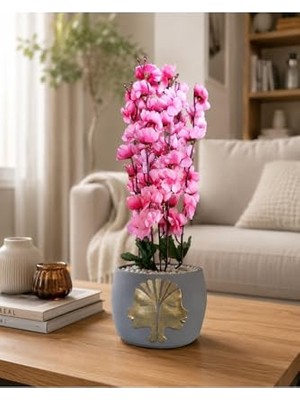 Defne Store 45 cm Pembe Yapay Japon Kiraz Ağacı Aranjmanı, Gold Detaylı Dekoratif Saksıda