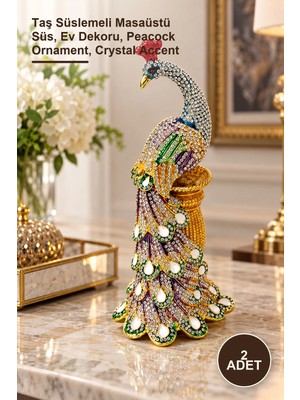 Yenilig 2 Adet Taşlı Tavuskuşu Dekoratif Figür – Taş Süslemeli Masaüstü Süs, Ev Dekoru, Peacock Ornament, Crystal Accent