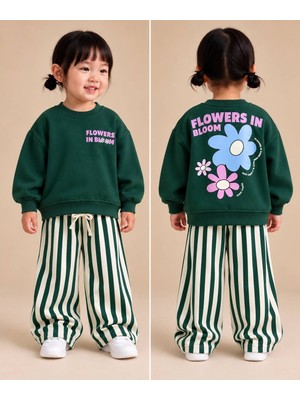 Cg Kids Flowers In Bloom Sırt Baskılı Zümrüt Yeşil Sweatshirt - Çizgili Ekru Eşofman Altı Kız Çocuk Alt Üst Takım