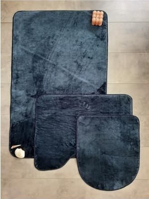 Defne Store 3'lü Lacivert Düz Banyo Halısı ve Paspas Seti, Kaymaz Deri Tabanlı, Yıkanabilir Klozet Takımı