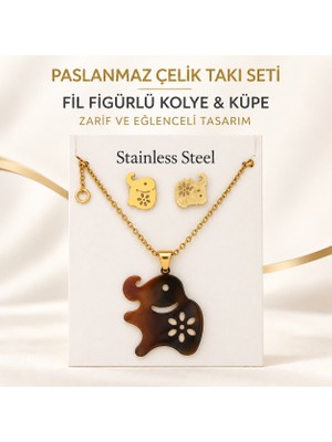 Saf Hobi Paslanmaz Çelik Fil Figürlü Kolye ve Asimetrik Küpe Seti