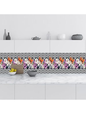 Defne Store Mutfak Tezgah Arası, Folyosu Çizim Çiçekler, Folyo Fayans Kaplama, 60X500 cm